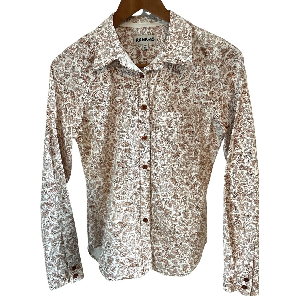 Rank 45 Womens XS Brown White Paisley Button Down Long Sleeve Western Shirt